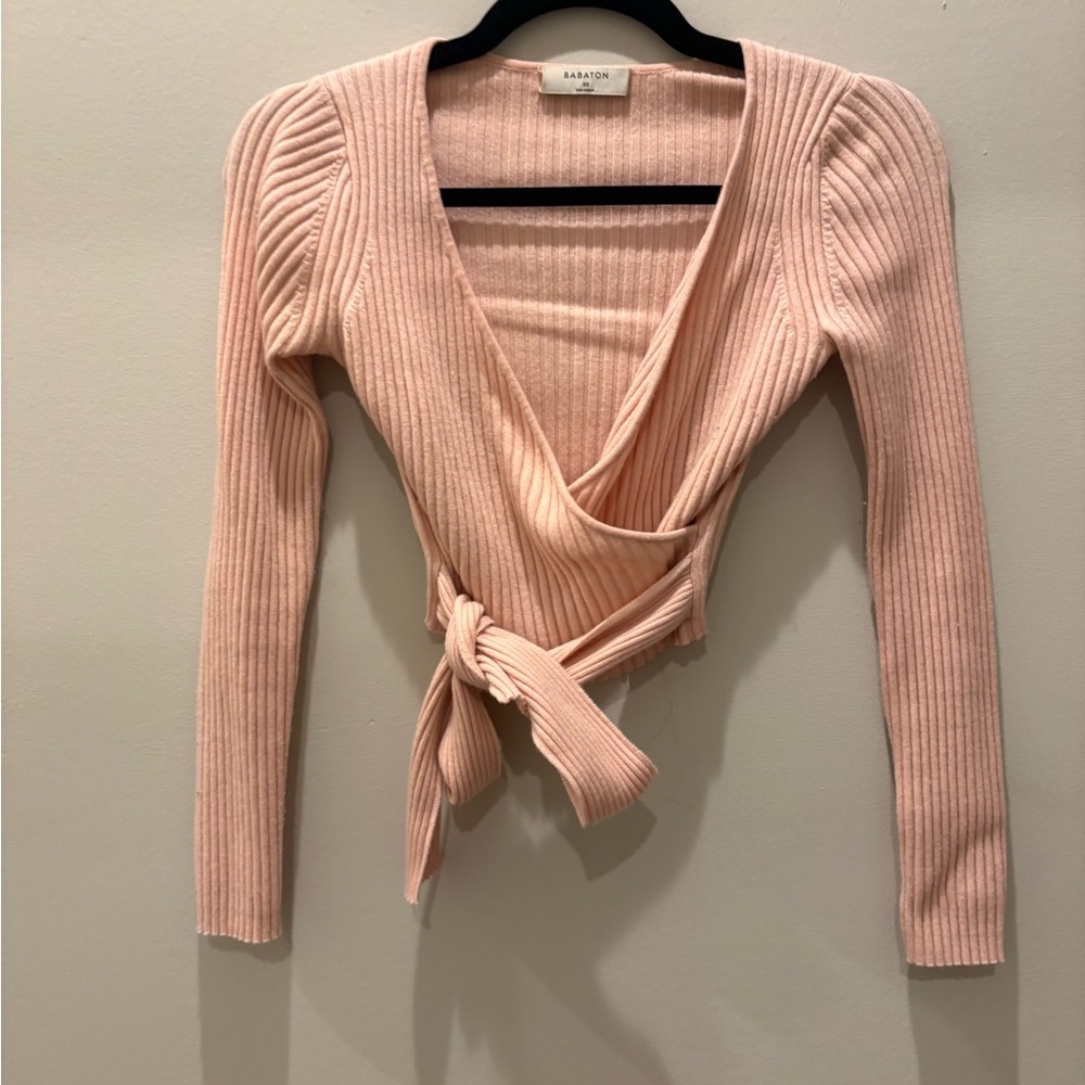 Babaton Blush Ribbed Tie Sweater